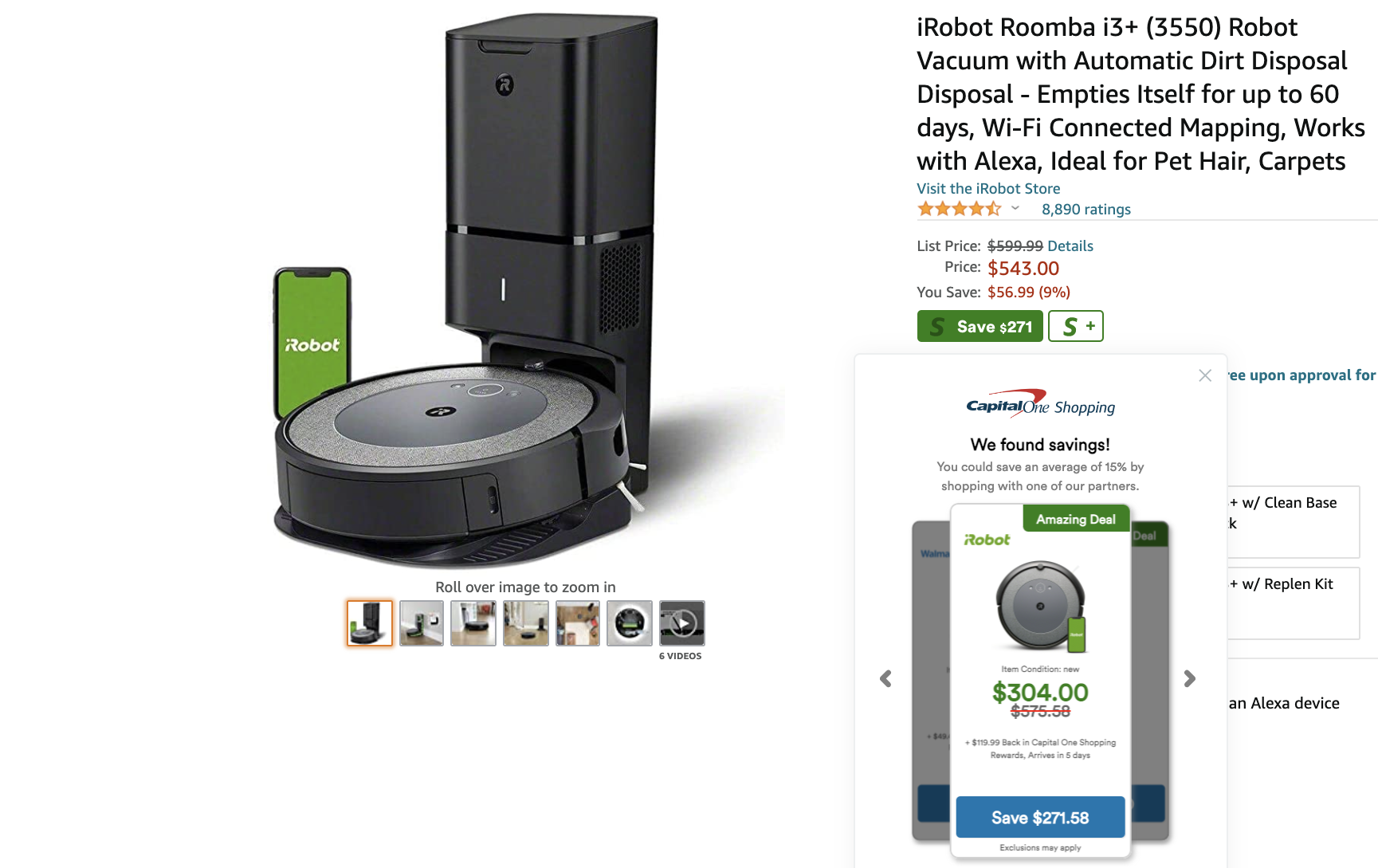Amazon webpage for Roomba with Capital One Shopping extension