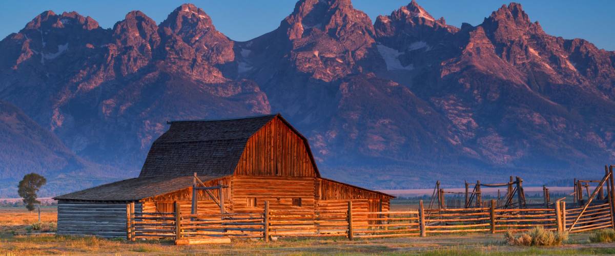 Sunrise of historic Moulton Barn in the Grand Teton National Park, Wyoming, USA.