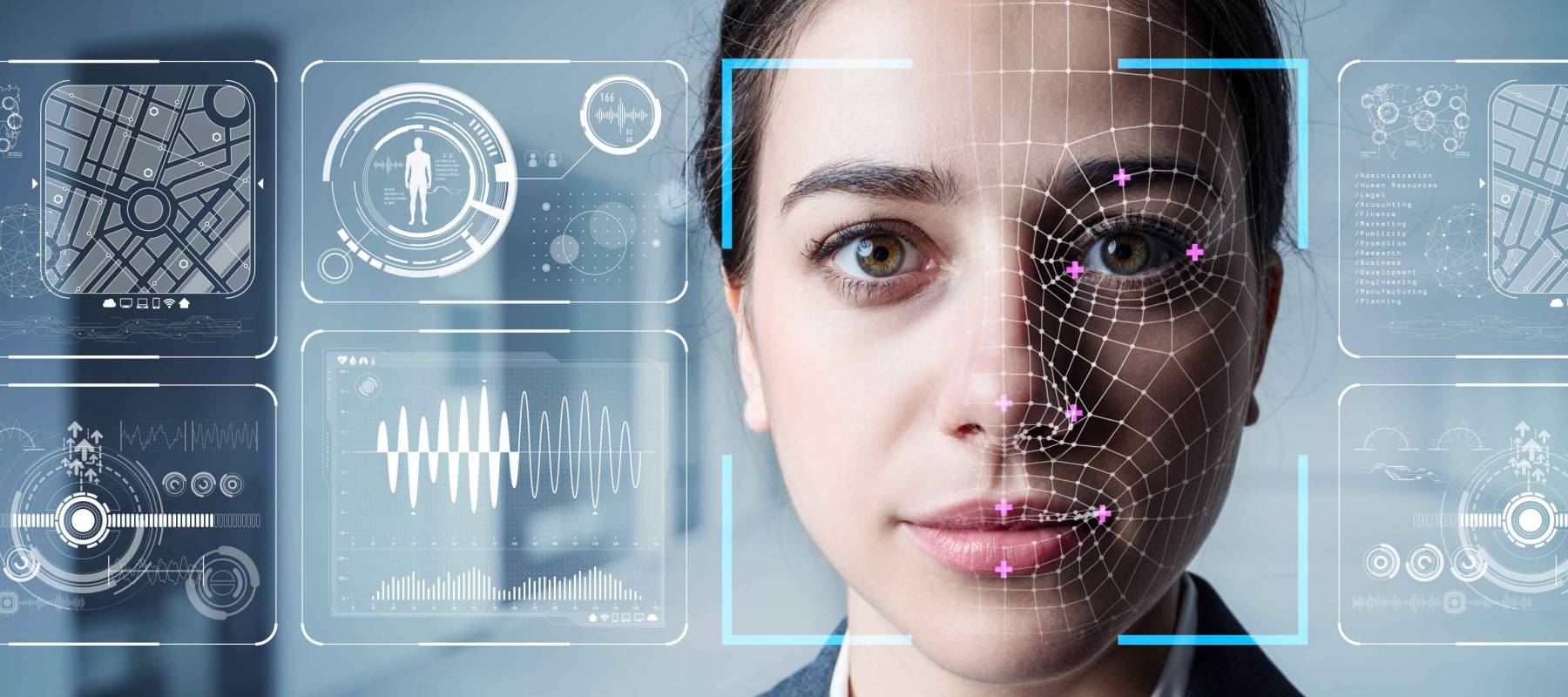 Authentication by facial recognition concept. Biometric. Security system.