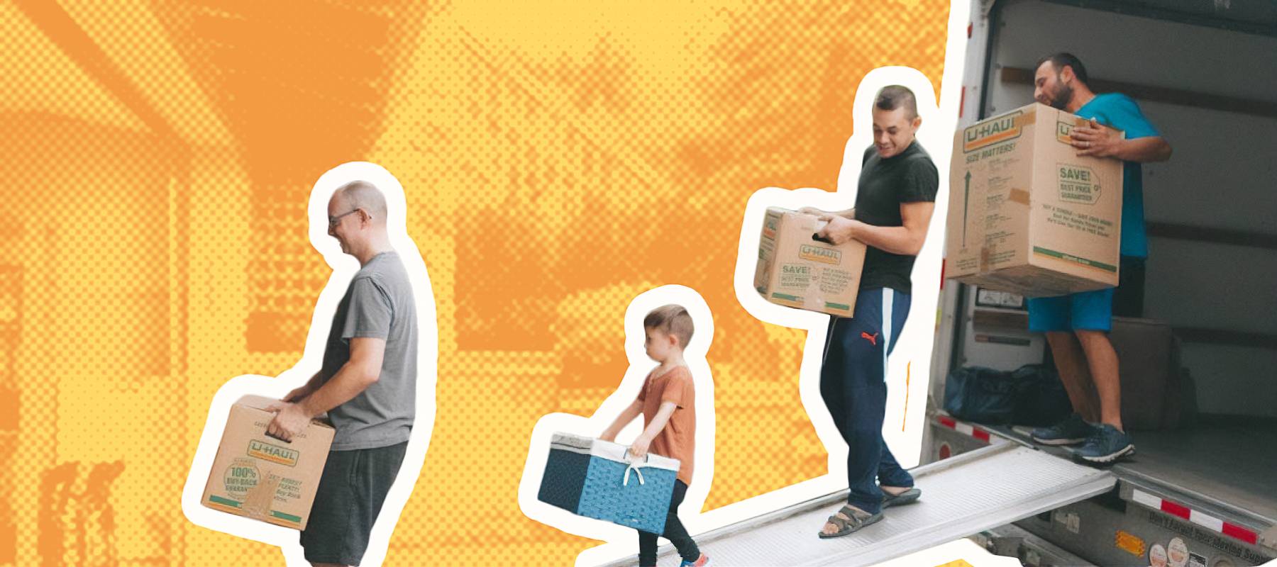 Family moving boxes out of van