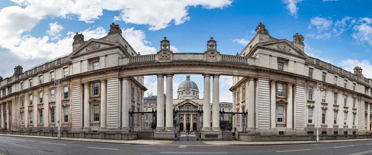 Panorama of the main entrance facade of the Government Buildings - Tithe an Rialtais in Dublin, Ireland.