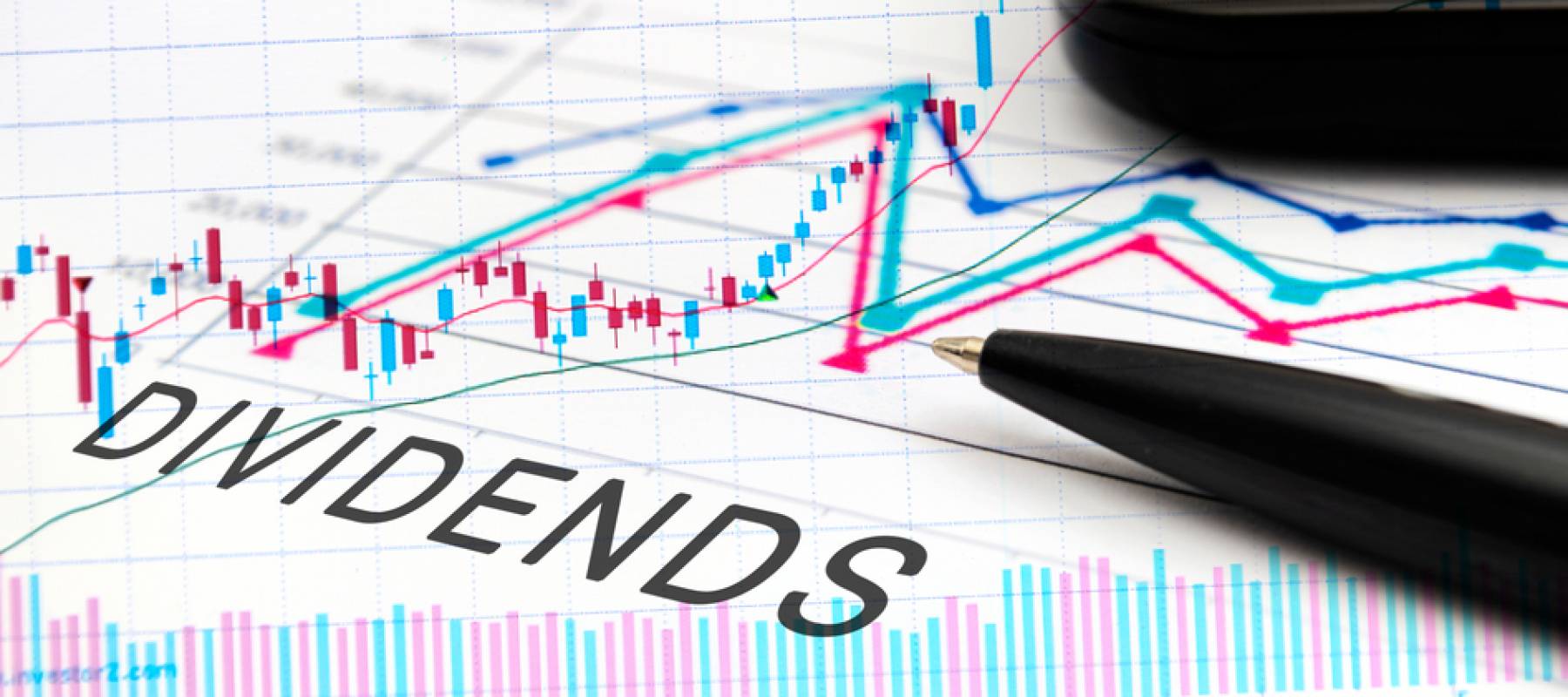 DIVIDENDS text on documents with graphs, charts, calculator, pen, financial concept background.