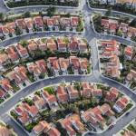 Aerial view of tightly packed homes in the Porter Ranch neighborhood of Los Angeles, California.