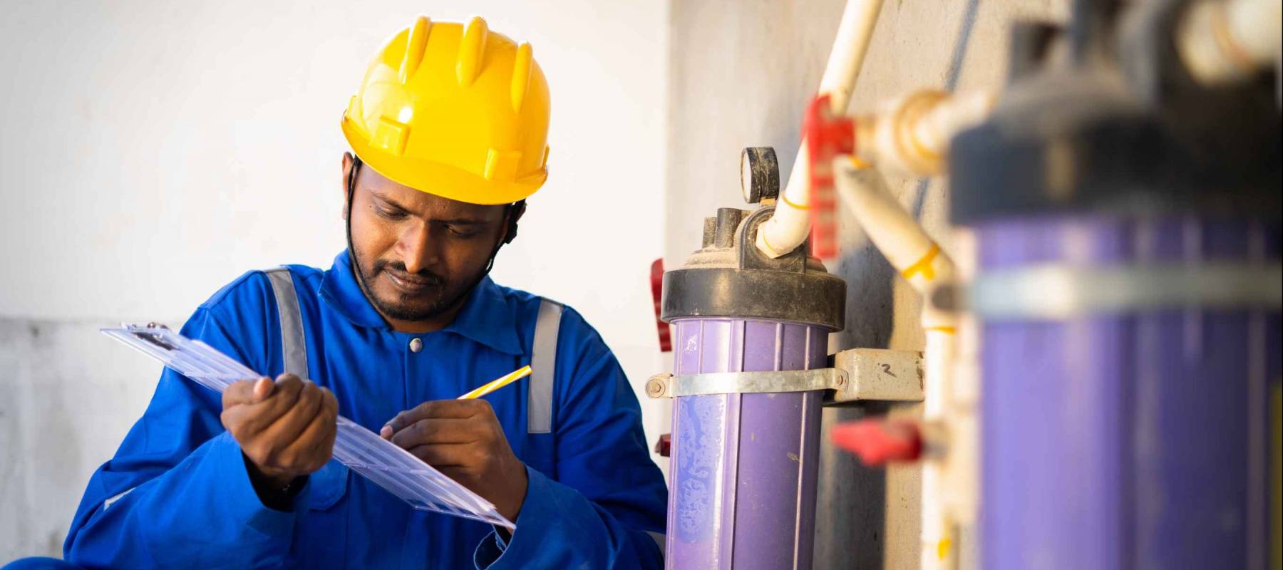 young indian plumber or repairman noting water level at under construction building - concept of professional occupation, and maintenance service.