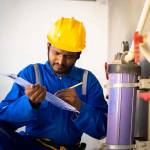 young indian plumber or repairman noting water level at under construction building - concept of professional occupation, and maintenance service.