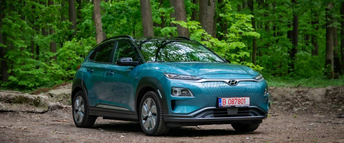 Baneasa, Romania - April 16 2020: Hyundai Kona Electric front 3/4 view
