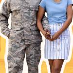 Military member and spouse holding hands in front of a house