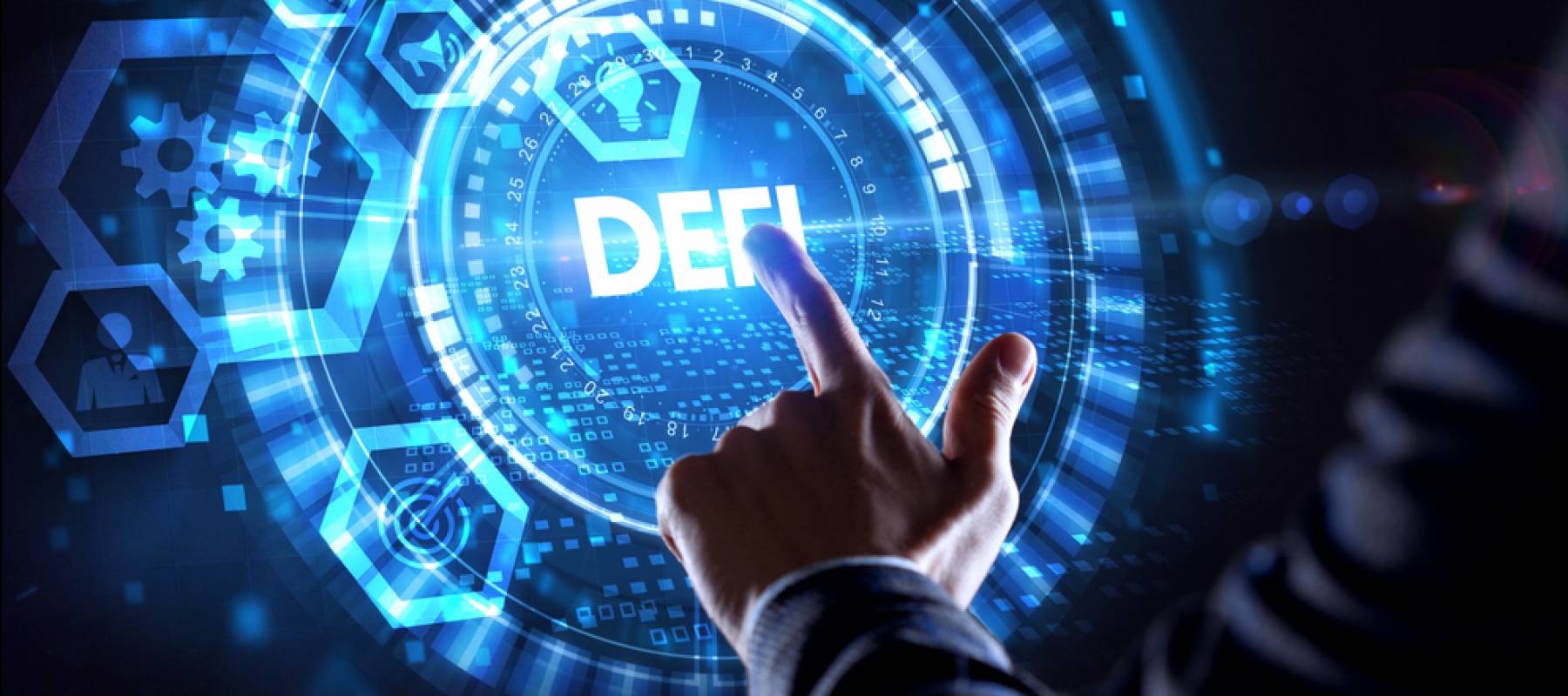 Decentralized Finance on dark blue abstract polygonal background.