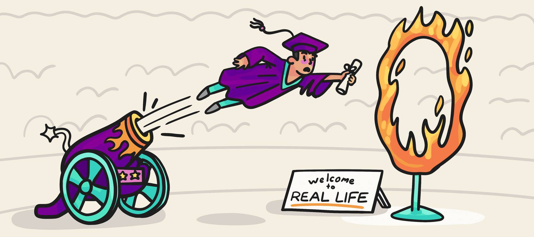 Student being launched into real life at graduation