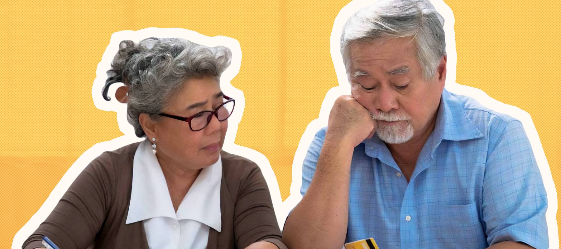 Elderly Asian couples suffering from debt problems, Living after retirement.