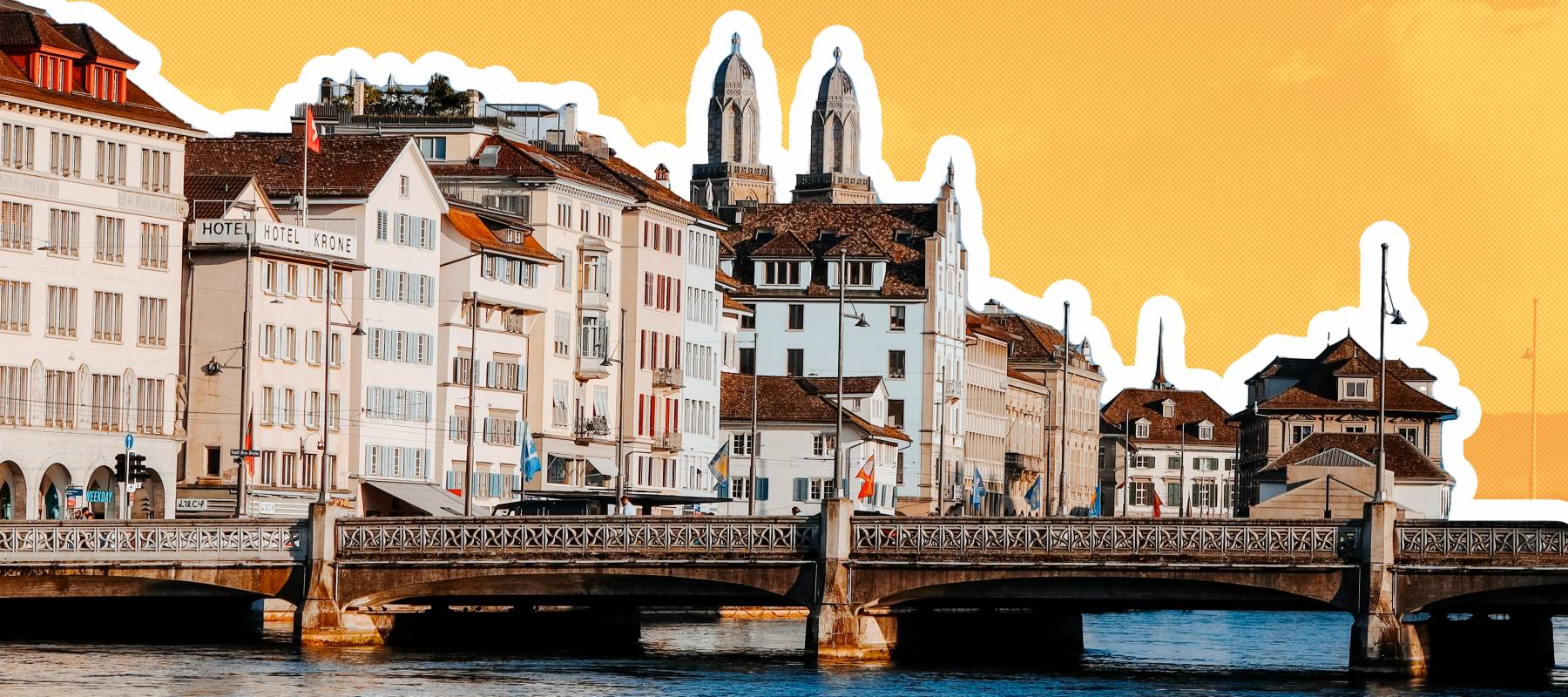 View of buildings in Zurich on the waterfront.