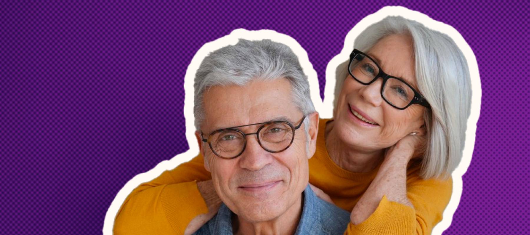 Portrait of relaxed fun senior couple wearing glasses on background