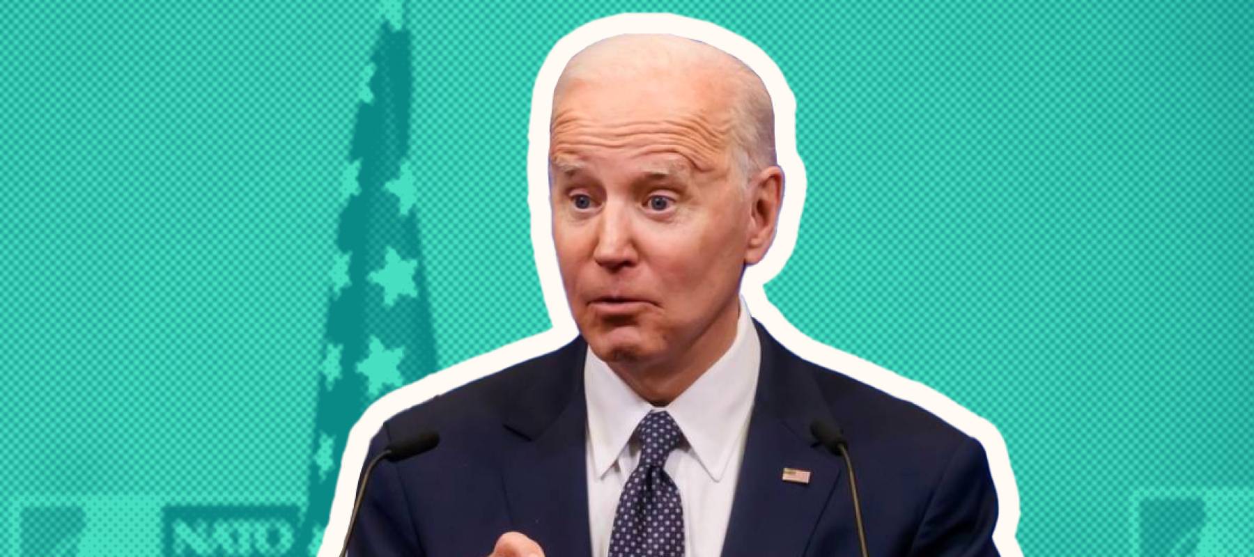 President Joe Biden speaks at a microphone with a surprised look on his face.