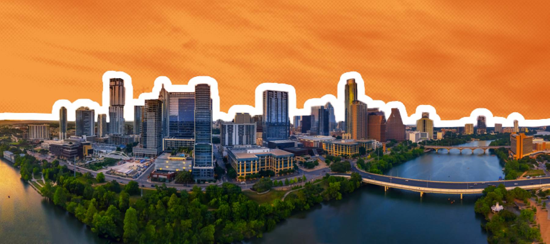 The Austin, Texas skyline seen at sunset.