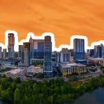 The Austin, Texas skyline seen at sunset.