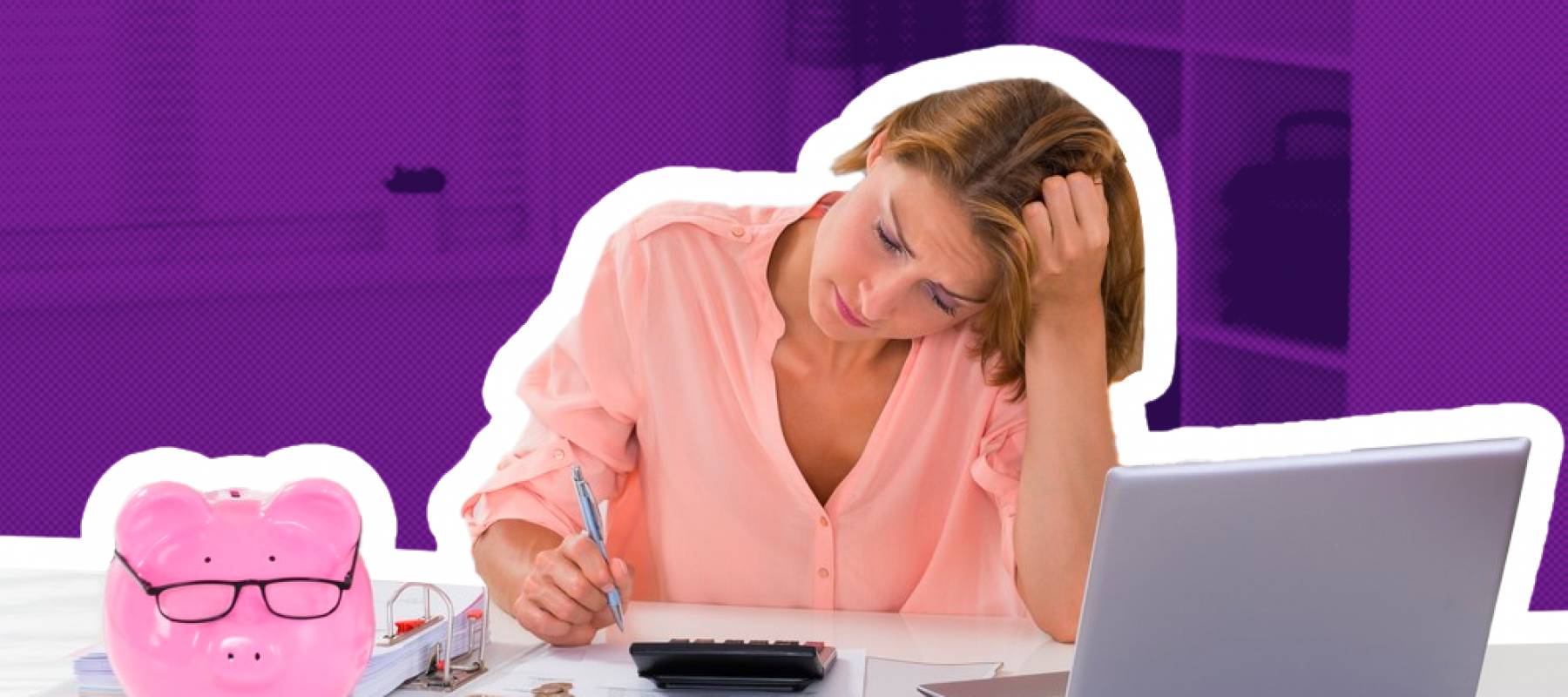 Young woman looks stressed while looking at documents on table.