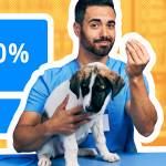 Veterinarian holding puppy  with a POS system showing a tipping option. Yellow background
