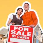 Couple pose proudly in front of home, with hands on For Sale By Owner sign.