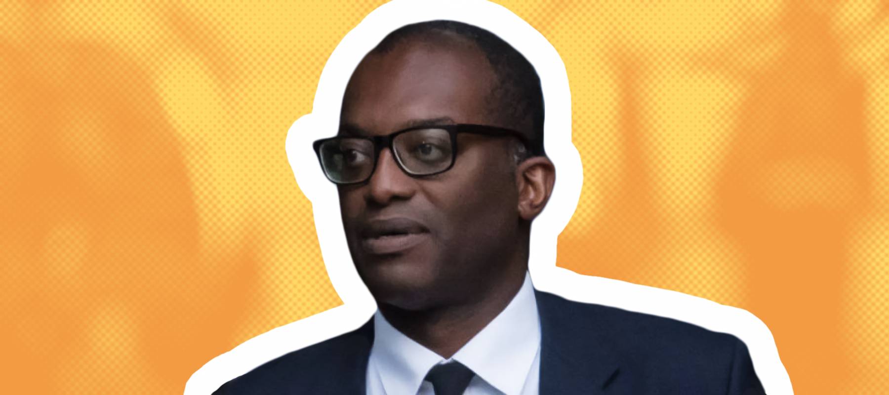 Chancellor of the Exchequer Kwasi Kwarteng pictured in a suit, looking uncertain.