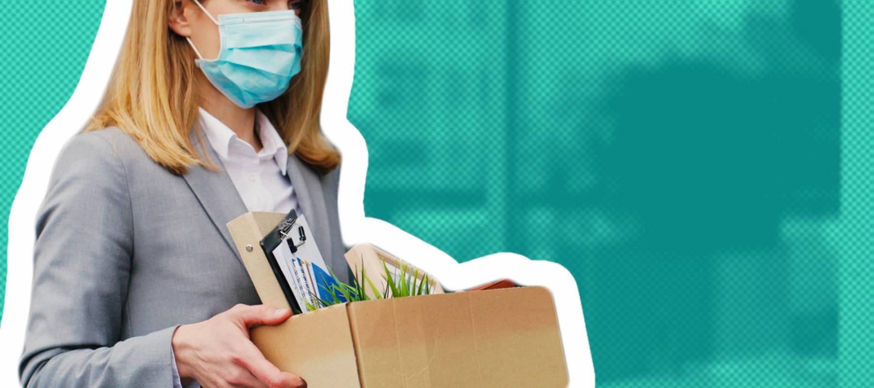 Woman carries out box of belongings from office.