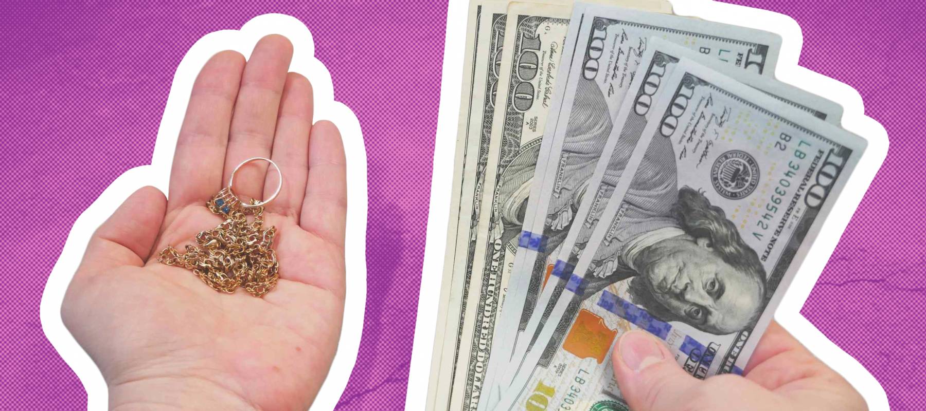 Golden jewellry and money in hands, sell gold jewellry, pawnbroker with dollar banknots in the hand, sale and buying, closeup