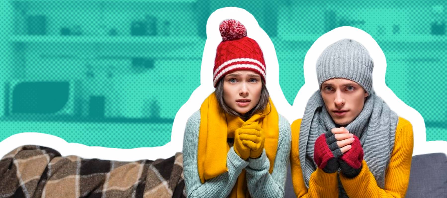 Couple sit on the couch bundled in layers, shivering.