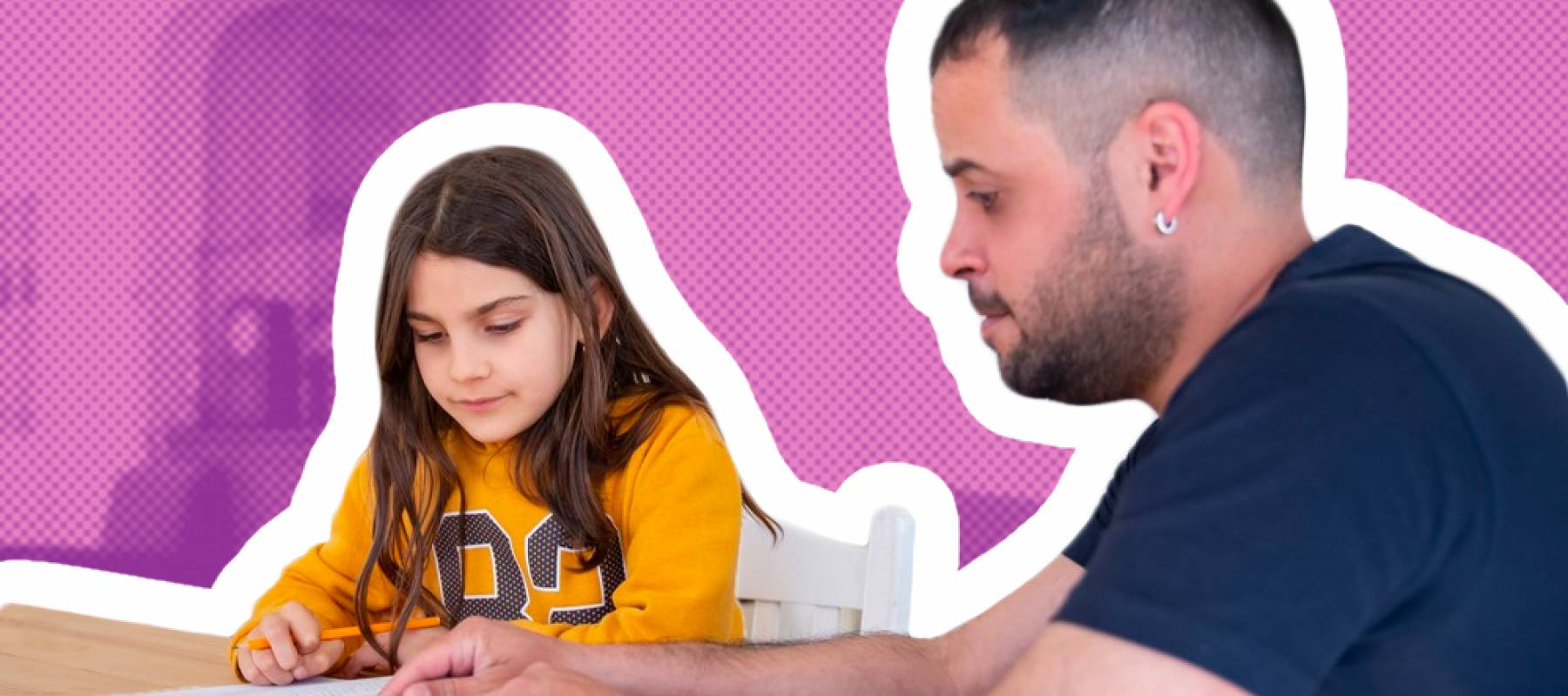 Father helps young girl with homework at kitchen table.