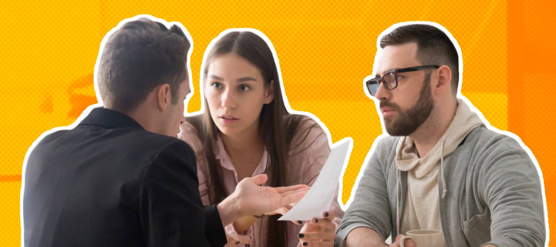 Young couple look distressed while speaking with a business person in an office.