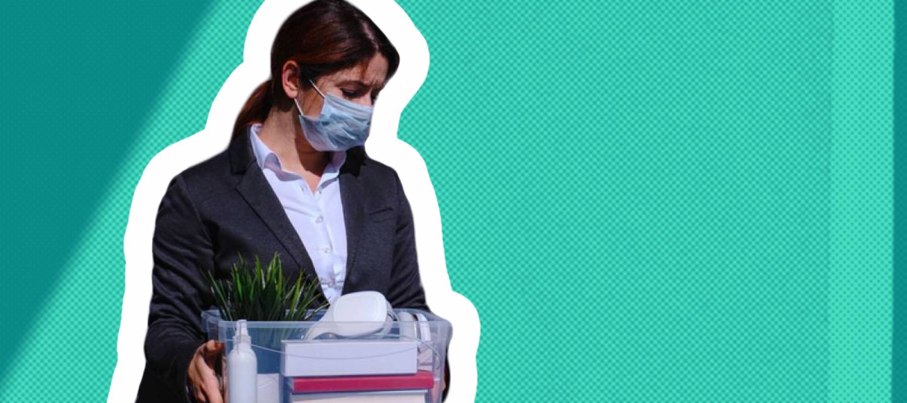 Unhappy unemployed woman in a protective mask is standing with a box of personal belongings against a gray wall.