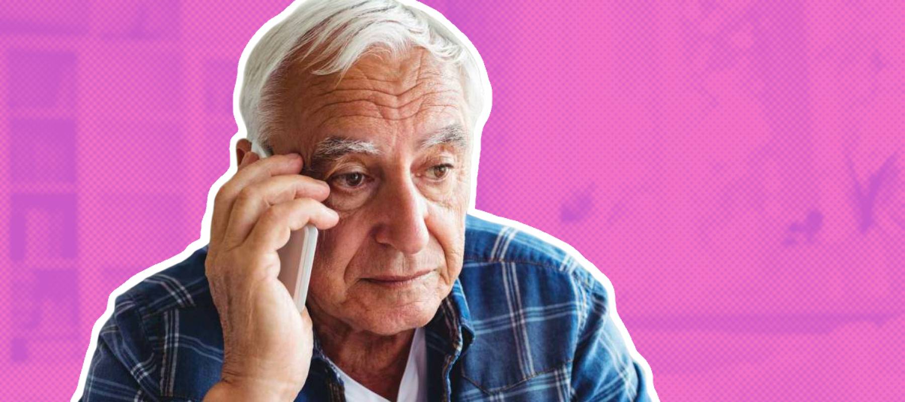 Close up of tensed senior man talking on mobile phone at home