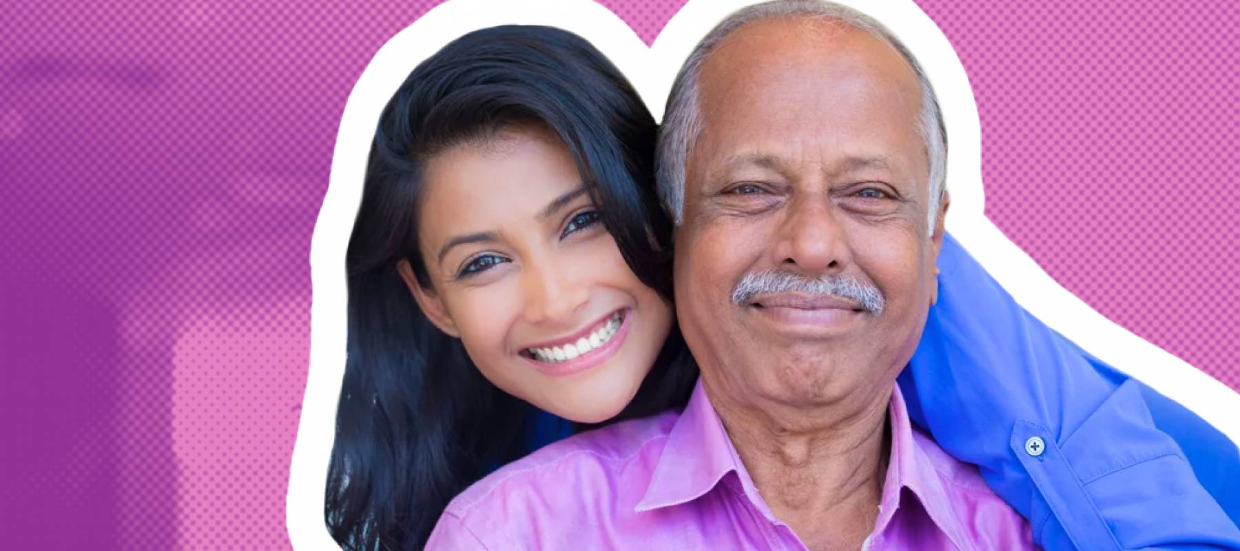 Happy smiling young woman hugs an older man from behind as they both smile for the camera.