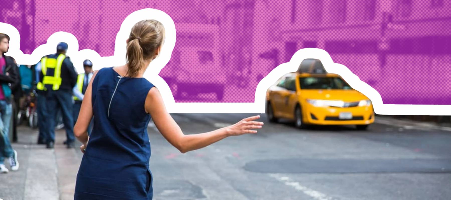 Young professional woman seen from behind hails a taxi in New York City.