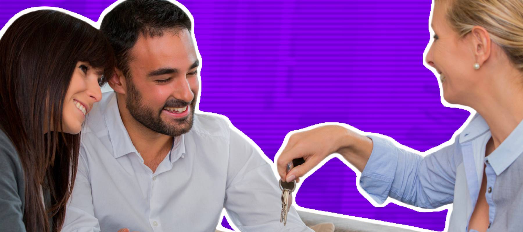 Woman Handing Over the House Keys to young couple.