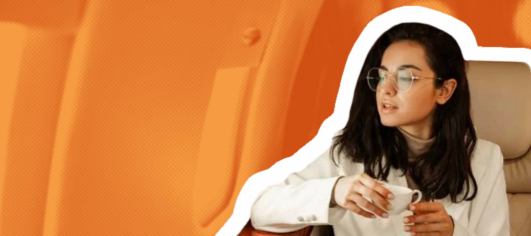 a young women delegate flies to a business meeting, looking out the window and drinking coffee on board the plane.