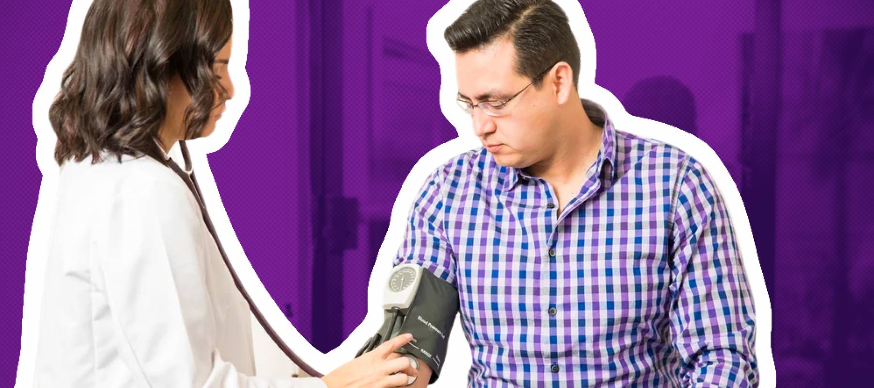 Young doctor measures man&#039;s blood pressure while he looks down at the cuff she&#039;s using.