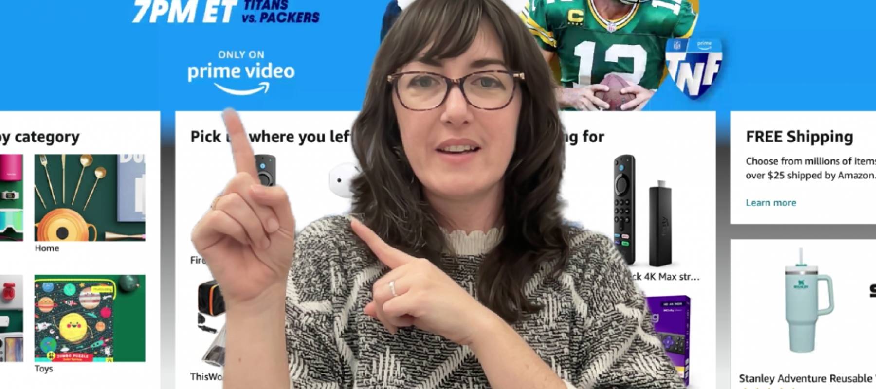 Woman pointing to capital one shopping on amazon