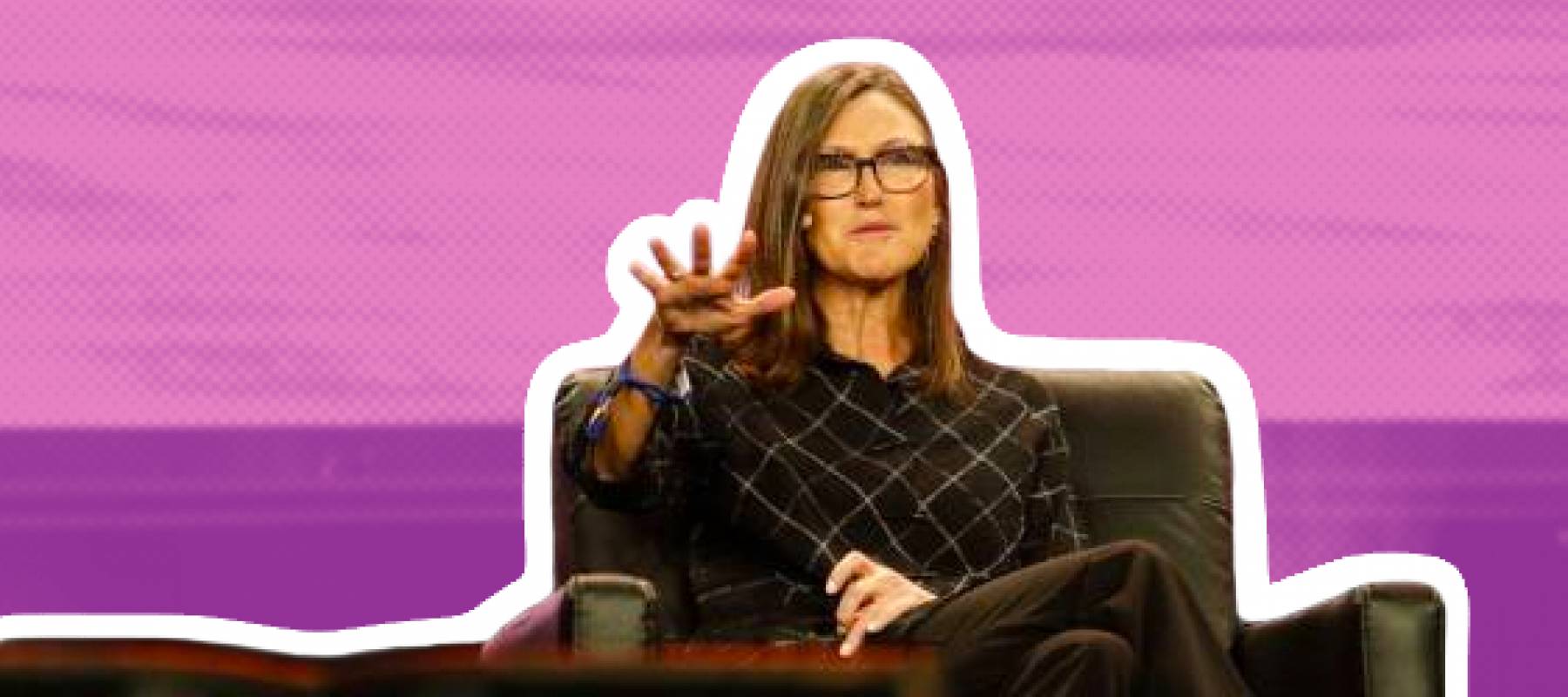 Cathie Wood, chief executive officer and chief investment officer, Ark Invest, gestures as she speaks during the Bitcoin 2022 Conference at Miami Beach Convention Center