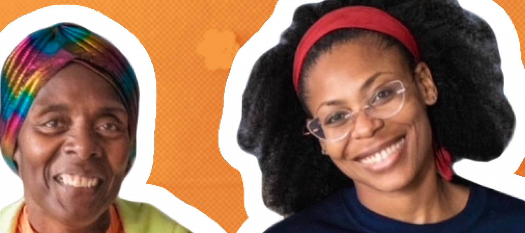 A younger and older woman smile widely for the camera with a gentle head tilt.