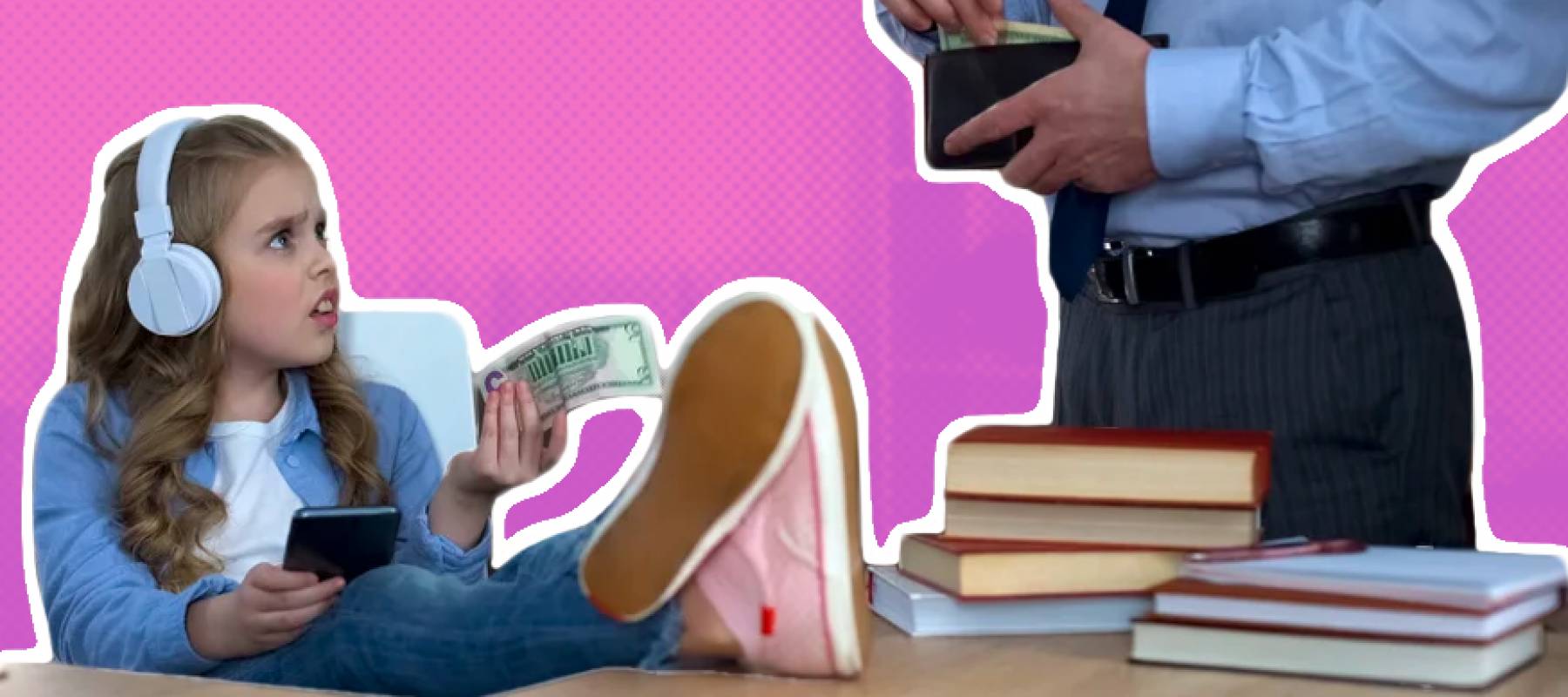Busy father giving pocket money to little sassy looking daughter with headphones.