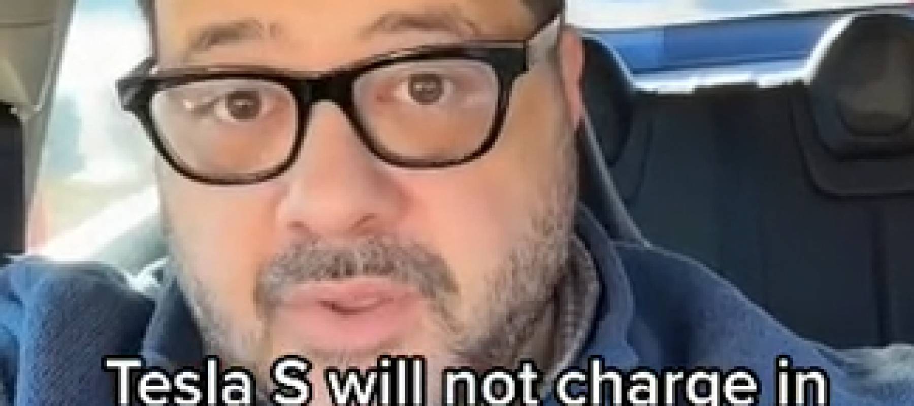 TikTok user domnatishow/TikTok explaining that his Tesla Model S will not charge in the cold