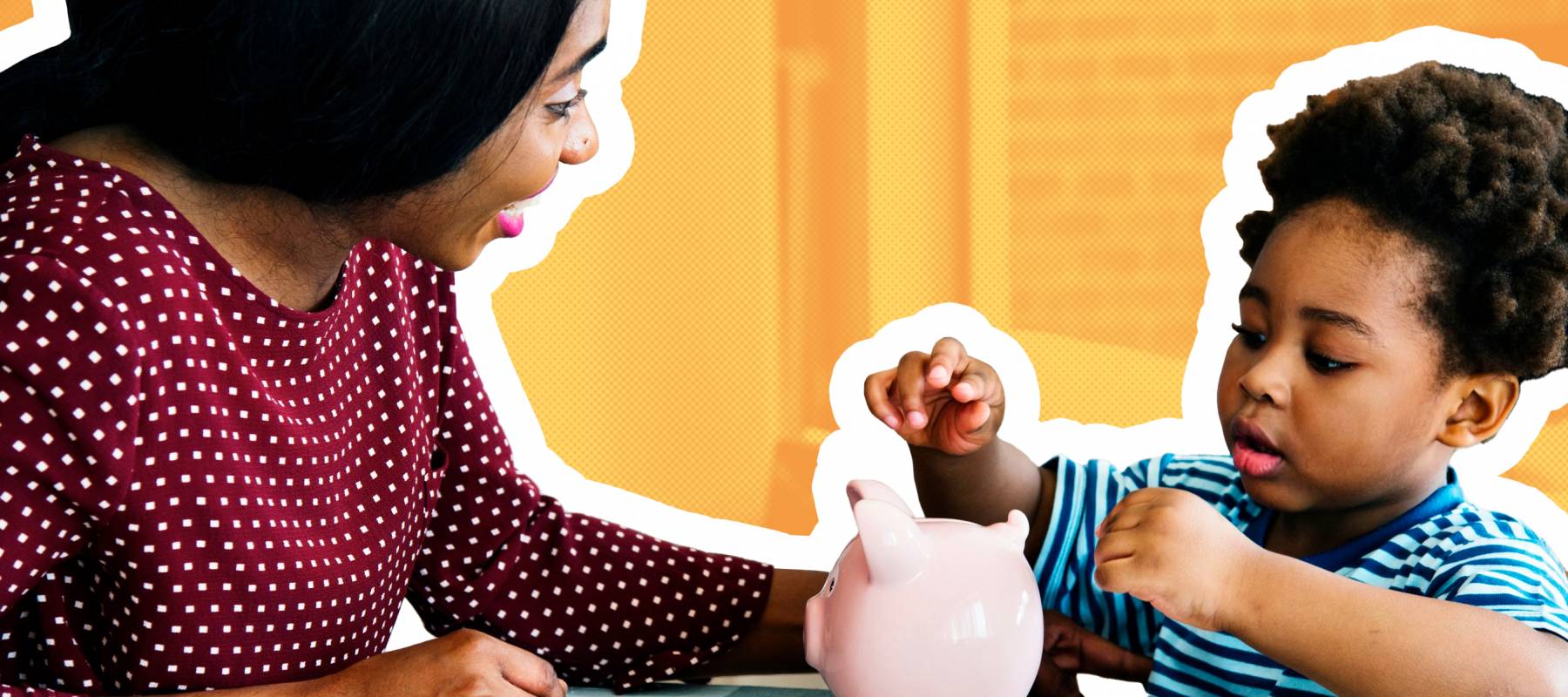 Adult helping child put money in a piggy bank