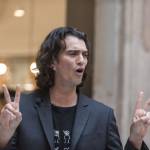 Adam Neumann, co-founder and chief executive officer of WeWork, speaks during a signing ceremony at WeWork Weihai Road flagship on April 12, 2018 in Shanghai, China.