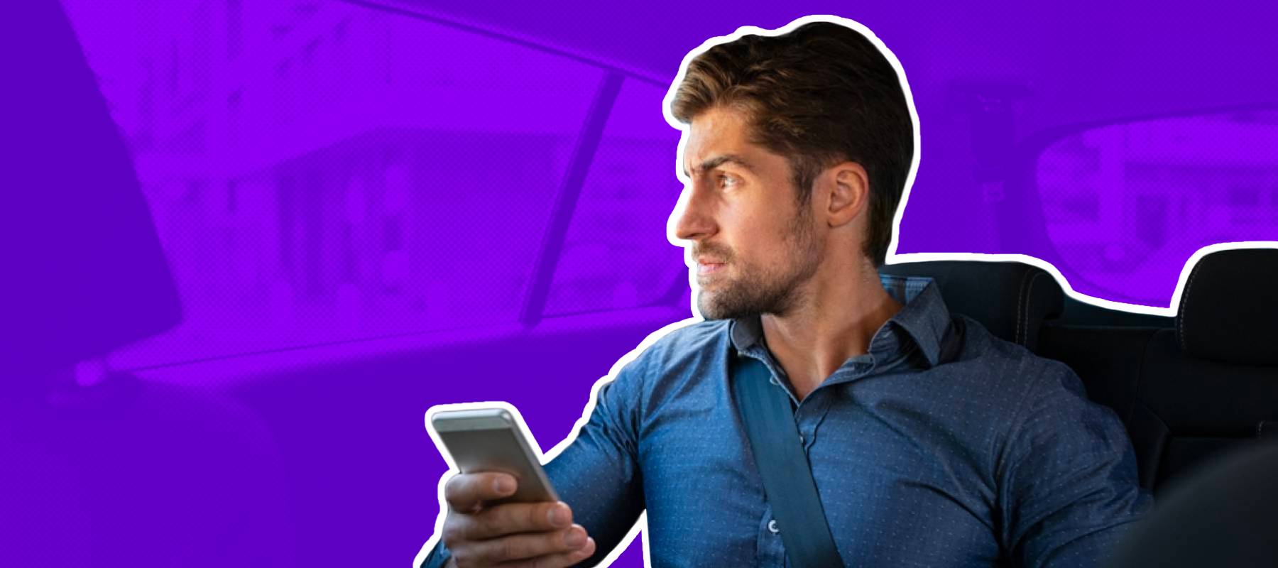 Stressed young businessman sitting in the back seat of car looking sadly out the window.