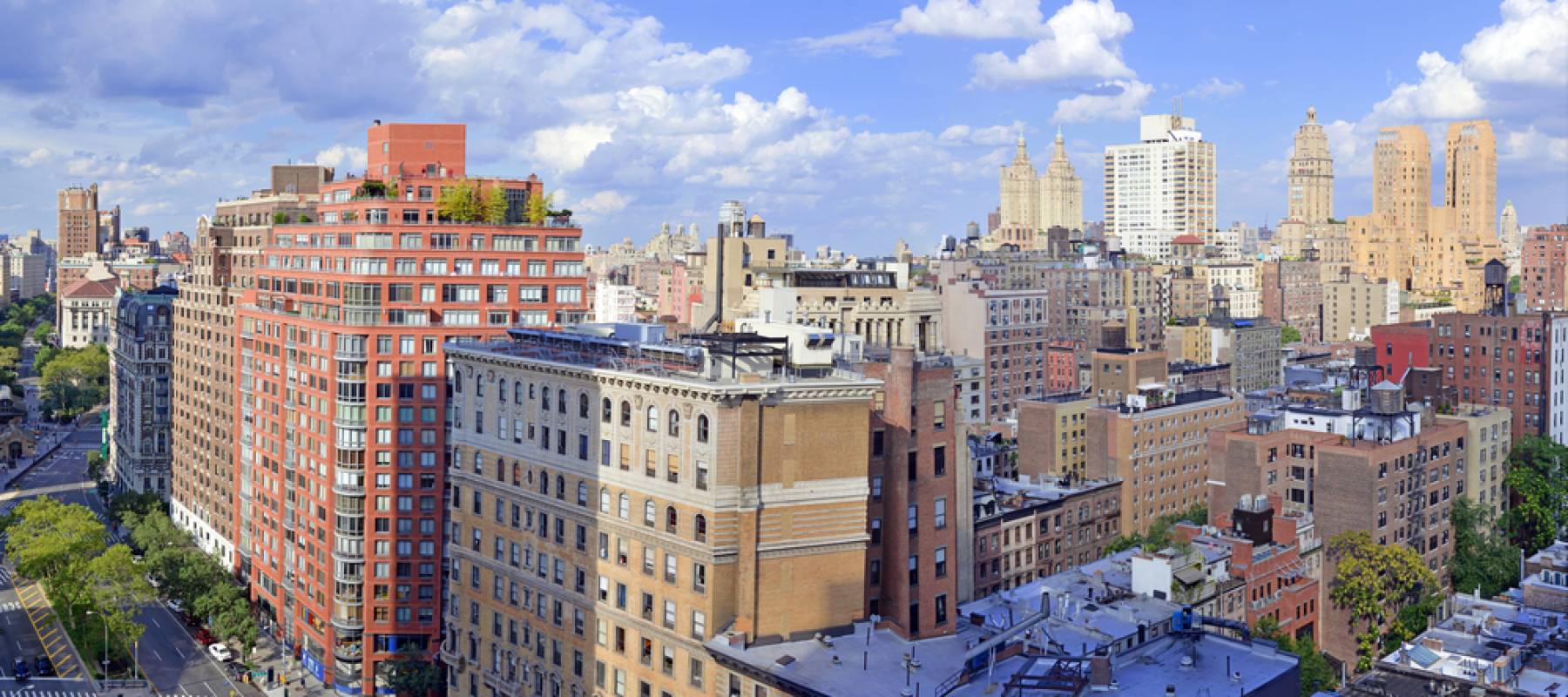 Panorama of Closely packed buildings and City Skyline of Upper West Side of Manhattan, New York City.