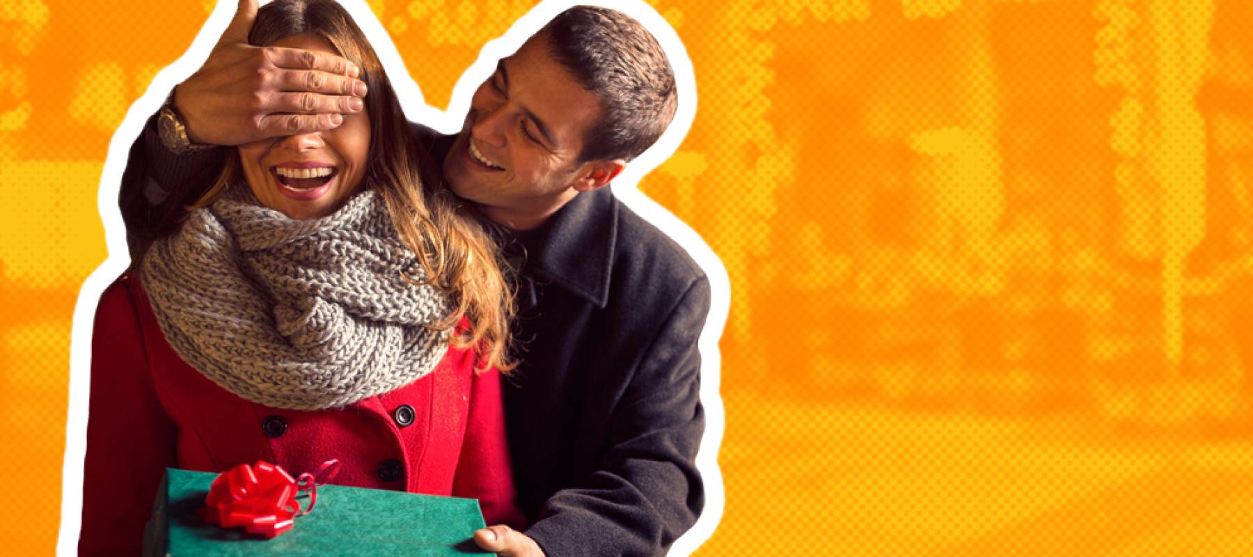 man surprising his significant other with a gift