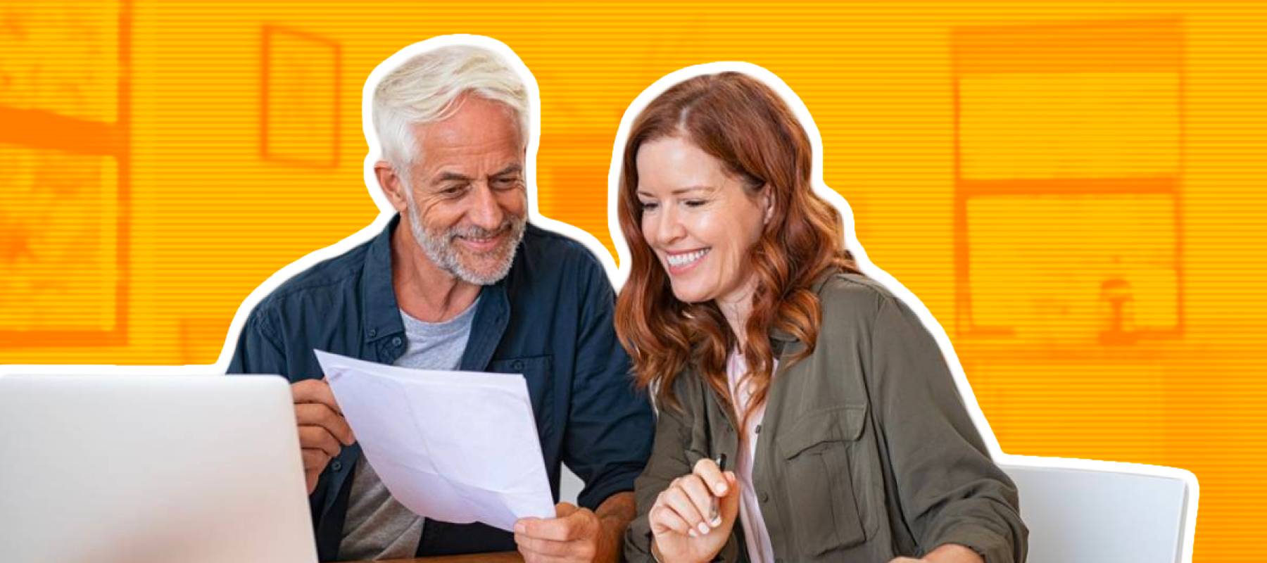 Mature smiling couple sitting and managing expenses at home.