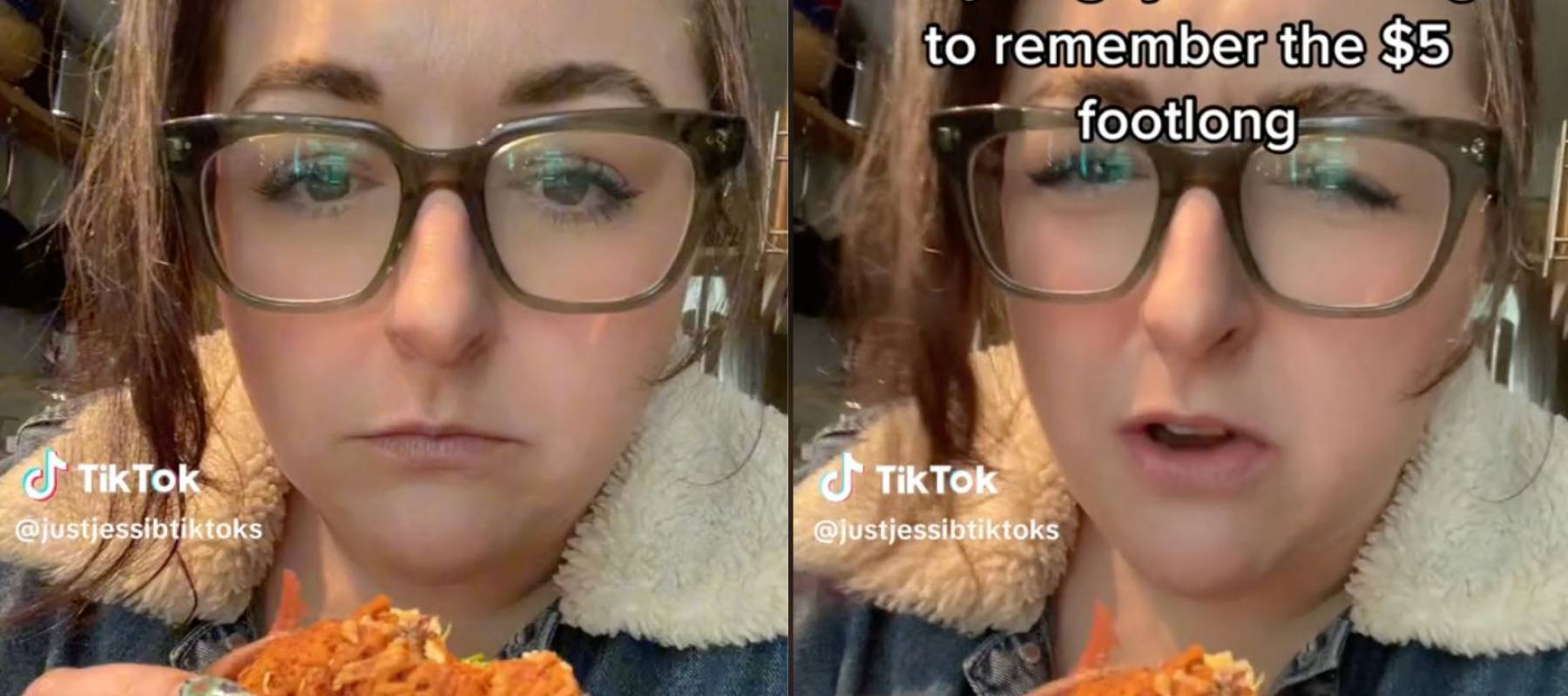 Two images of same woman side by side, talking to camera and holding a Subway sandwich.