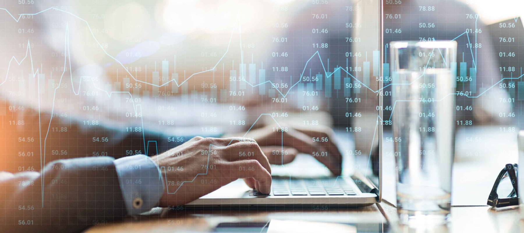 Creative Collage Of Business Team Working On Project And Stock Markets Data On Trasparent Screen, Financial Statistics Layered Over Man Using Laptop For Trading On Forex, Panorama