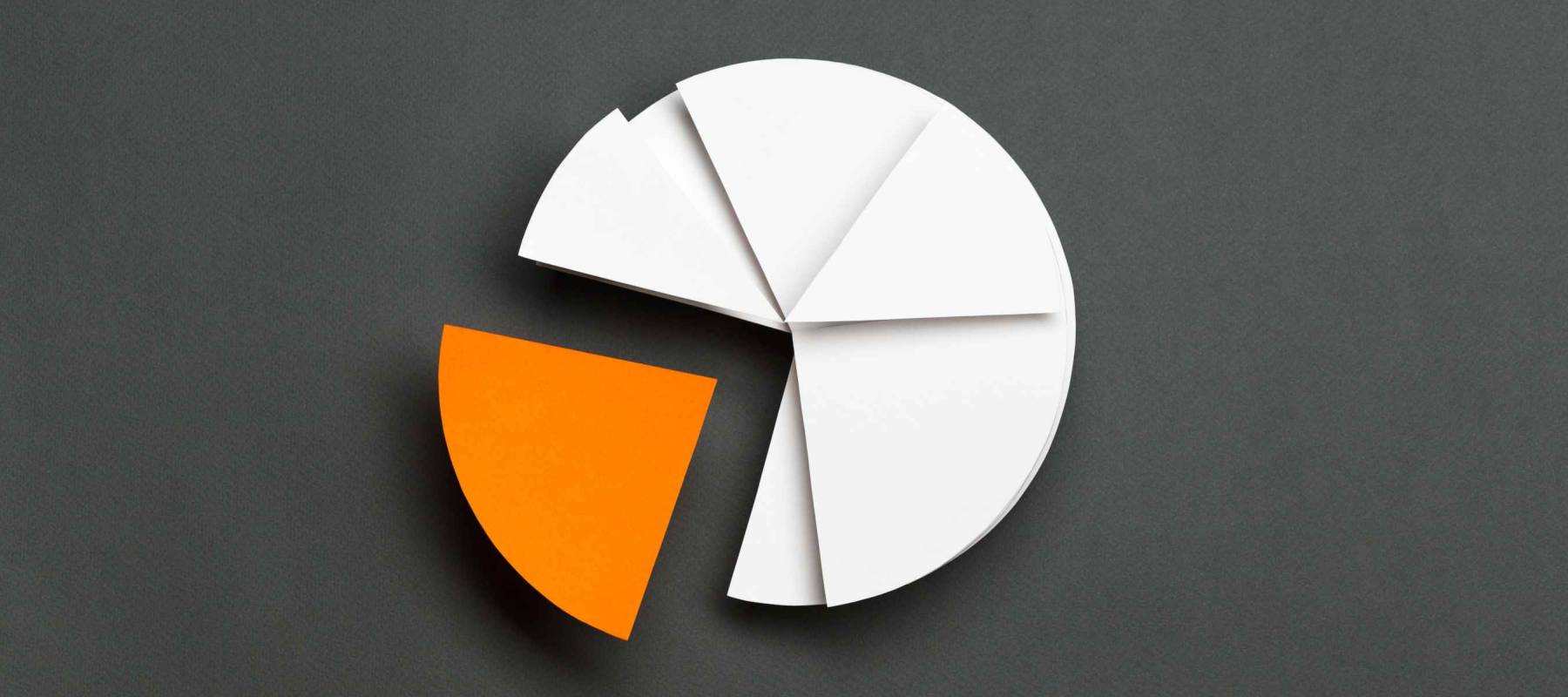 Close up of business pie chart, isolated on grey. One part of diagram is yellow, copyspace