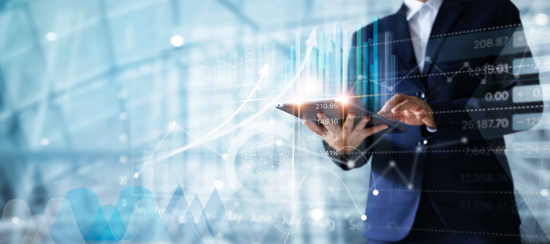 Businessman using tablet analyzing sales data and economic growth graph chart.  Business strategy. Abstract icon. Digital marketing.